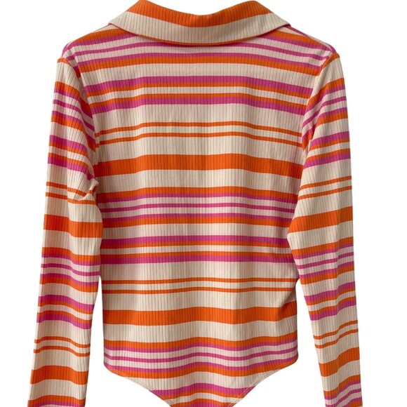 H&M Bodysuit Size Large Striped Henley Ribbed Long Sleeve Pink Orange Playful - Picture 4 of 8